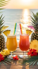 Tropical Sunset Cocktails on Beach.