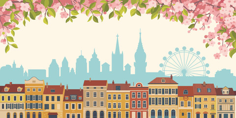 This captivating image features a classic European skyline adorned with cherry blossoms, showcasing beautiful historic architecture and a serene, picturesque atmosphere.