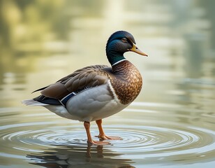 Obraz premium Mallard duck standing in shallow water with ripples on a sunny day in a natural environment