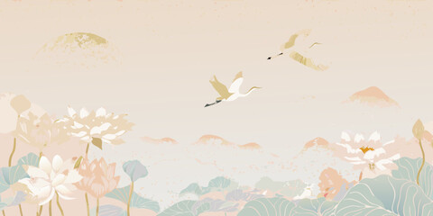 Elegant watercolor painting of two cranes flying over a serene lotus pond with misty mountains in the background