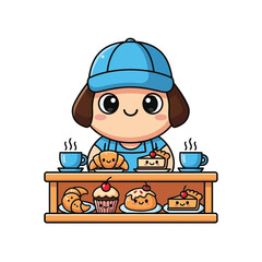 Adorable chibi baker character at a cozy cafe counter with a delightful assortment of fresh pastries, sweet cakes, and hot coffee. A charming food service mascot illustration