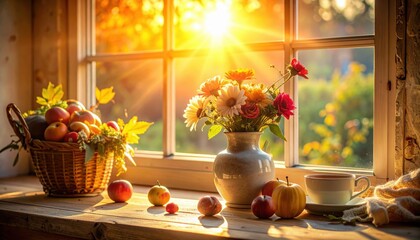 Still life of autumn harvest and floral arrangement by a sunlit window