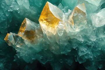 Obraz premium Stunning cluster of teal and gold crystals, showcasing intricate formations and radiant glow.