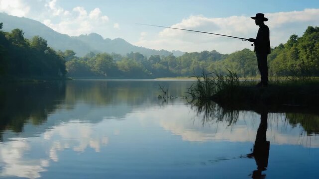 Silhouette eines Anglers am Seeufer in ruhiger Naturumgebung