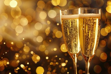 Two champagne glasses with bubbles and golden sparkling background, elegant New Year and Christmas celebration