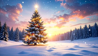 Fototapeta premium Snowy Christmas tree at dawn