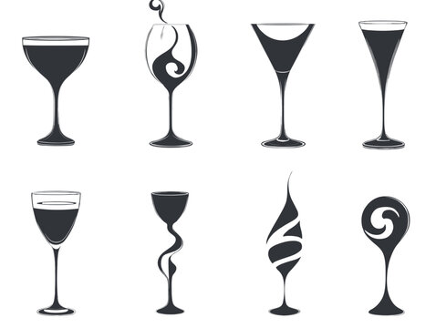 Variety of cocktail glasses in minimalist design for beverages  