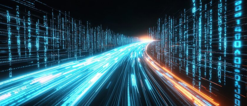 A visually stunning image depicting a futuristic digital landscape featuring a luminous high speed data highway with vibrant flowing trails of light and energy