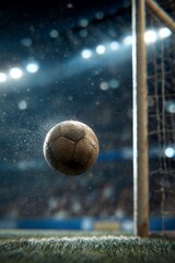 Intense soccer ball flight toward goal under brilliant stadium lights at night