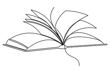 Abstract open book with flying pages one line drawing minimalist isolated outline