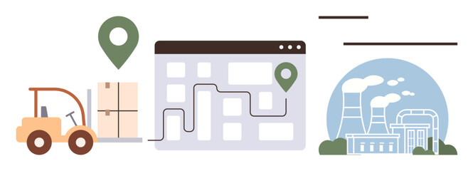 Fototapeta premium Forklift moving a package, route map with location icons, and factory buildings emitting steam. Ideal for logistics, supply chain, tracking, warehouse, manufacturing transportation delivery. Simple
