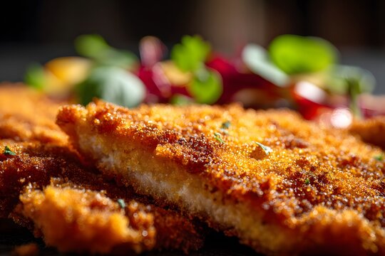Close-up of crispy golden schnitzel with breadcrumb coating and lemon slices.