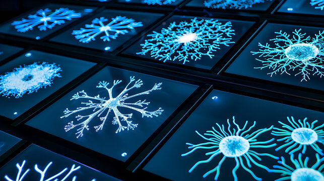 Digital display of glowing snowflake patterns on a grid of illuminated panels