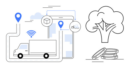 Connected delivery truck with location pins, network communication, and eco tree symbol with coins. Ideal for sustainability, logistics, eco solutions, smart tech, transport innovation, green