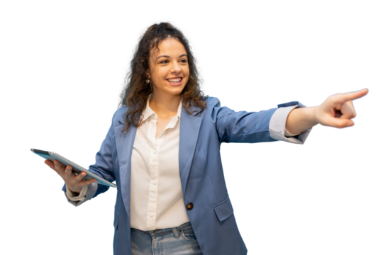 Professional businesswoman smiling, gripping digital tablet and gesturing with index finger, white background
