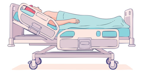 A patient lies in a hospital bed the headrest raised covered by a light blue blanket