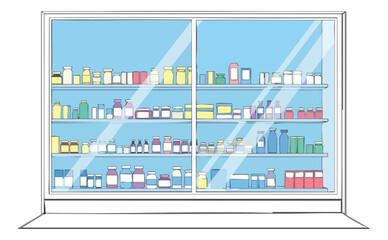 A shelved display filled with various bottles jars and containers behind glass doors