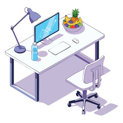 Isometric view of a desk with monitor lamp fruit bowl water bottle and chair