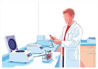 Lab scene faceless scientist in lab coat holds blood vials near centrifuge and other lab equipment on a white table