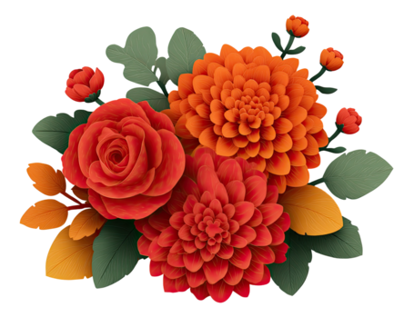 Vibrant orange and red flowers in a stylized bouquet. Detailed, paper-like textures and lush foliage