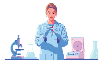 Scientist in lab coat holds test tube amidst lab equipment gazing forward