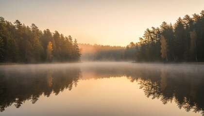 Fototapeta premium Lake with Forest Reflection at Sunrise