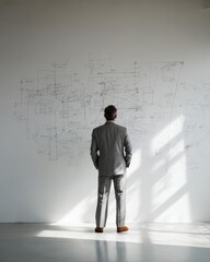 Fototapeta premium Visionary's Reflection: A focused individual in a suit studies a complex network sketched on the wall, symbolizing strategy, planning, and innovative problem-solving. This image captures deep thought.