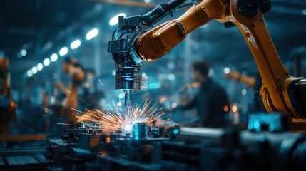 Robotic arm laser welding metal component in smart factory, human engineer observing, blue and orange lighting, Industry 4.0 automation

