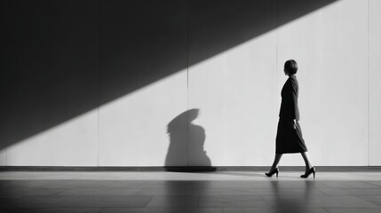 Elegant Strides: A solitary individual, bathed in a dramatic interplay of light and shadow, walks with purpose against an architectural backdrop.