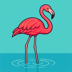 Fototapeta premium Vibrant illustration of a pink flamingo standing gracefully in shallow blue water with ripples