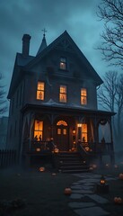 Spooky Old Haunted House on a Foggy Halloween Night
