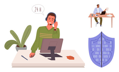 Tech support agent at desk assisting with queries. Small illustration of a remote worker, shield represents cybersecurity. Ideal for technology, work, customer service, tech support, communication