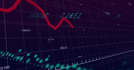 On dark grid, green points scrolling, red line emerging, rising and falling to show data trend - Powered by Adobe