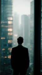 Fototapeta premium Contemplative Visionary Gazing Out: A silhouette of a suited individual gazes out a high-rise window, the cityscape reflecting the person's aspirations and their place in the world.