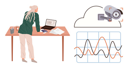 Woman leaning over desk studying a laptop, papers, and graph. Cloud-based surveillance camera. Ideal for security, analytics, technology, problem-solving, research surveillance cloud storage