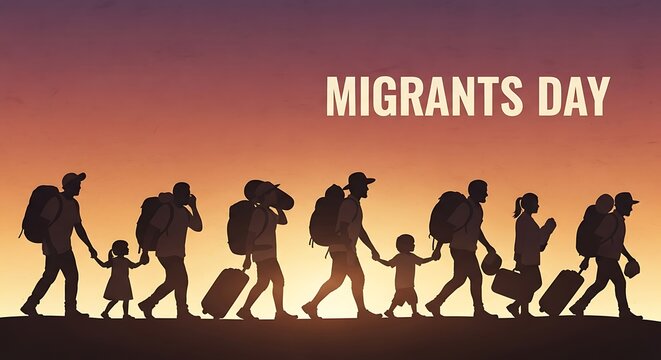 Migrants day silhouette of people with luggage walking towards the sunset, representing migration and displacement