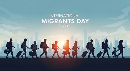 International migrants day silhouette of diverse people with luggage walking in a city skyline at sunrise, symbolizing global migration