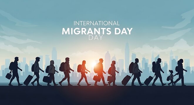 International migrants day silhouette of diverse people with luggage walking in a city skyline at sunrise, symbolizing global migration