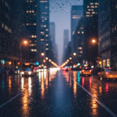 Obraz premium Rainy City Street with Blurred Lights and Cars