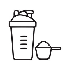 Protein Shake Icon, Shaker Bottle with Powder Scoop. Vector Symbol for Sports Nutrition and Fitness Supplements.
