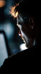 Focus and Determination: The silhouette of a focused individual intensely working, illuminated by a soft, ambient light that hints at the depth of thought and dedicated action. 