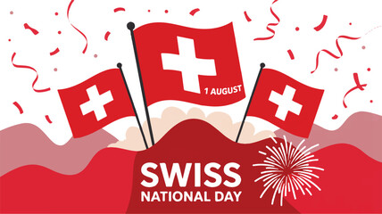 Celebrating Swiss National Day A Vibrant Illustration Featuring Swiss Flags and Festive Confetti