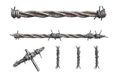 Collection of detailed barbed wire segments isolated for industrial or security themed projects isolated on transparent background