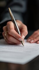 Fototapeta premium Signing the Agreement: A close-up shot of a hand confidently signing the dotted line of an official document, the silver pen gracefully gliding across the paper to finalize a deal.