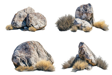 Four detailed views of massive boulders with dry desert bushes isolated on transparent background