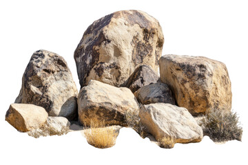 Massive boulders scattered in a dry desert landscape creating a stark natural scene isolated on transparent background