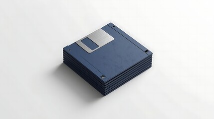Stack of vintage floppy disks on plain white background, retro tech vibe