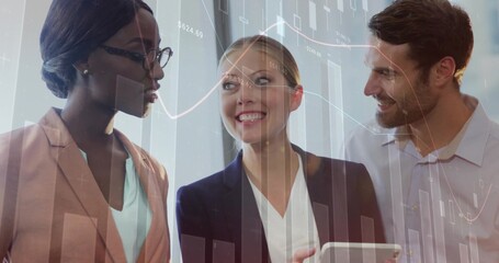 Reviewing three business professionals analyzing tablet finance data in office, candlestick overlay