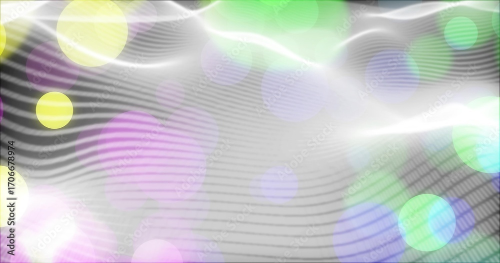 Wall mural displaying white waves and pastel circular bokeh in digital space, with grid pattern, light flares