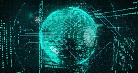 Rotating digital globe in cyberspace interface, showing fingerprint padlock chain link code